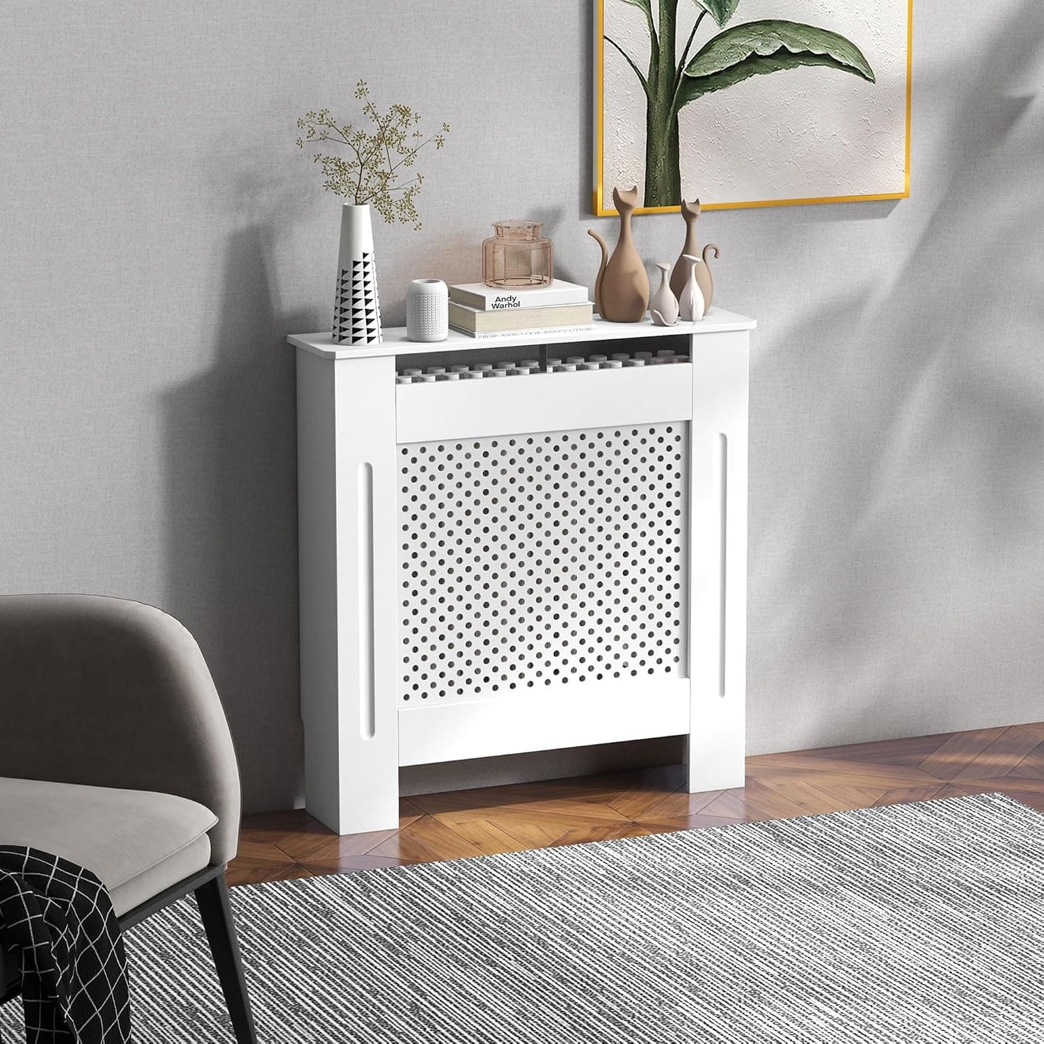 HOMCOM 820-061 Copritermosifone Moderno a Griglia in MDF Bianco 78 × 82 × 19 cm, Copertura per Radiatore con Design a Doghe, Accessori per Fissaggio a Parete, Leggero e Portatile, per Casa e Ufficio, Manuale Incluso - 2