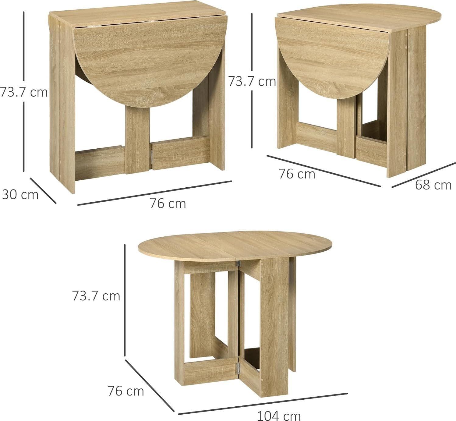 HOMCOM 835-319V00AK Tavolo da Pranzo Pieghevole Rovere con 2 Ribalte e Cerniere di Sicurezza, Dimensioni Aperto 104 x 76 x 73,7 cm e Chiuso 76 x 30 x 73,7 cm, Struttura in Truciolare e Metallo, 4 Posti, Portata 30 kg - 3