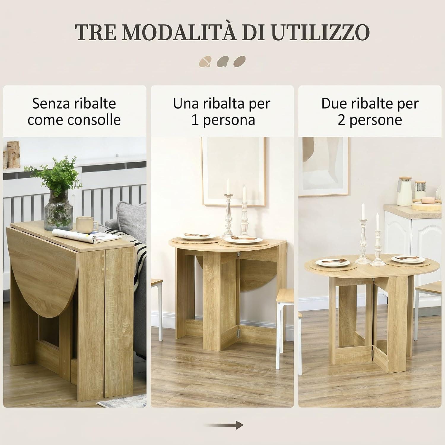 HOMCOM 835-319V00AK Tavolo da Pranzo Pieghevole Rovere con 2 Ribalte e Cerniere di Sicurezza, Dimensioni Aperto 104 x 76 x 73,7 cm e Chiuso 76 x 30 x 73,7 cm, Struttura in Truciolare e Metallo, 4 Posti, Portata 30 kg - 4