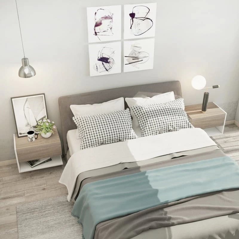 HOMCOM 831-339 Set di 2 Comodini Sospesi da Parete in Truciolato Rovere e Bianco, 46 x 30 x 30 cm ciascuno, con Cassetto, Ripiano Aperto e Piano di Appoggio, Design Salvaspazio, Portata 8 kg per Comodino, da Montare - 2