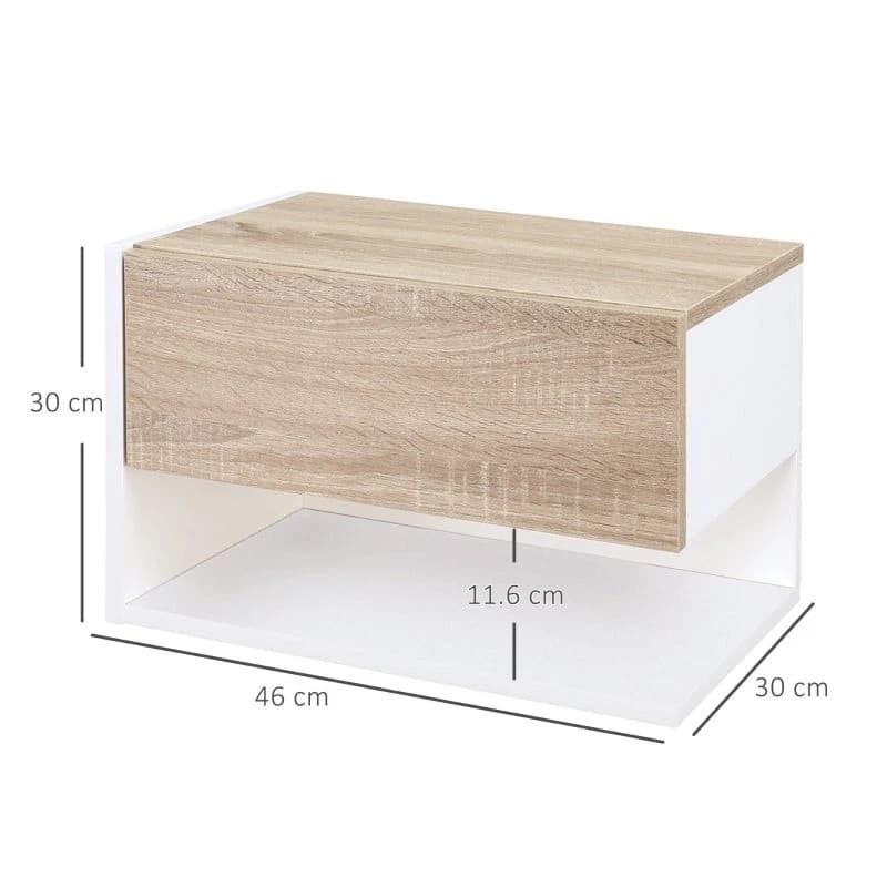 HOMCOM 831-339 Set di 2 Comodini Sospesi da Parete in Truciolato Rovere e Bianco, 46 x 30 x 30 cm ciascuno, con Cassetto, Ripiano Aperto e Piano di Appoggio, Design Salvaspazio, Portata 8 kg per Comodino, da Montare - 3