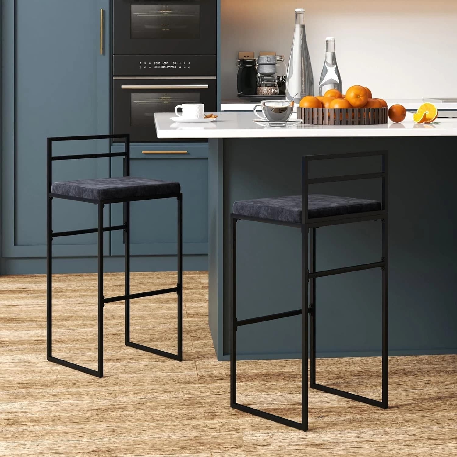 HOMCOM 83A-038V00BK Set di 2 Sgabelli da Bar Neri, Struttura in Acciaio, Seduta Imbottita in Velluto e Poggiapiedi, Altezza Seduta 74 cm, Dimensioni 42 x 40 x 91 cm, Portata 120 kg, per Tavoli Alti da 104 a 109 cm - 2