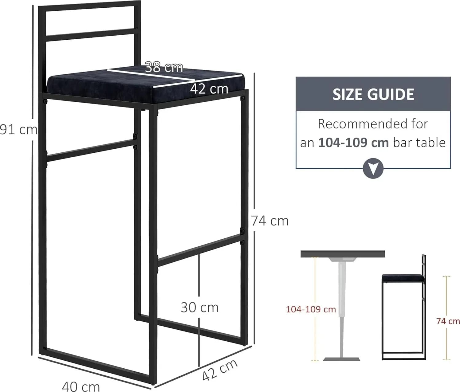 HOMCOM 83A-038V00BK Set di 2 Sgabelli da Bar Neri, Struttura in Acciaio, Seduta Imbottita in Velluto e Poggiapiedi, Altezza Seduta 74 cm, Dimensioni 42 x 40 x 91 cm, Portata 120 kg, per Tavoli Alti da 104 a 109 cm - 3