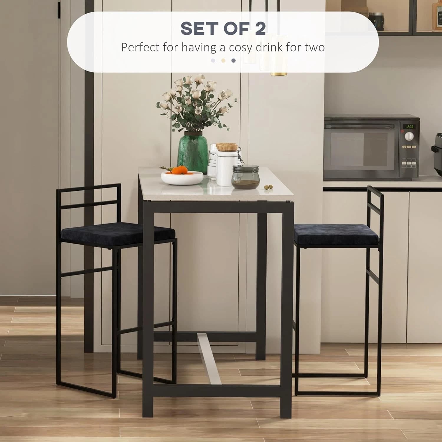 HOMCOM 83A-038V00BK Set di 2 Sgabelli da Bar Neri, Struttura in Acciaio, Seduta Imbottita in Velluto e Poggiapiedi, Altezza Seduta 74 cm, Dimensioni 42 x 40 x 91 cm, Portata 120 kg, per Tavoli Alti da 104 a 109 cm - 4