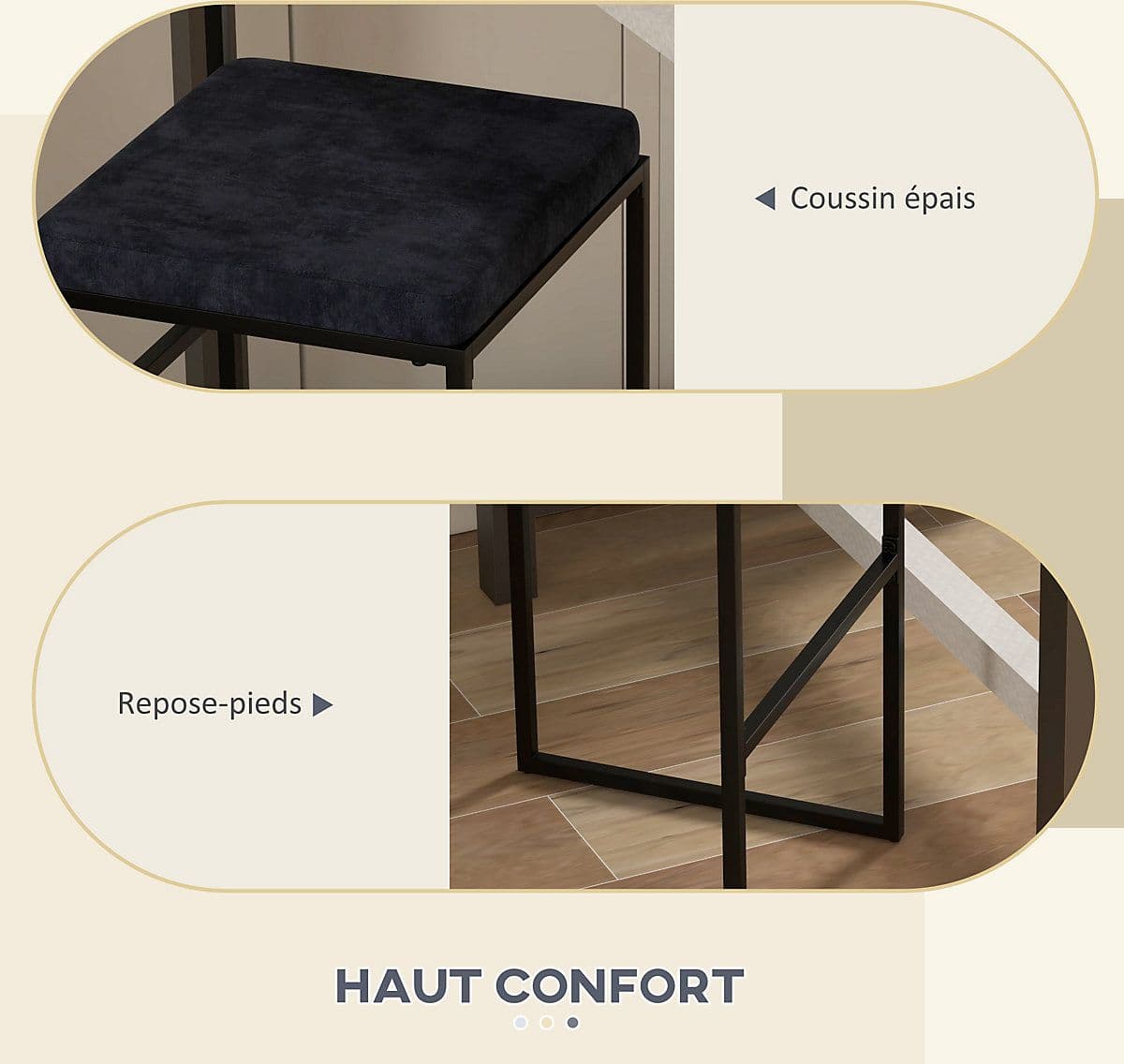 HOMCOM 83A-038V00BK Set di 2 Sgabelli da Bar Neri, Struttura in Acciaio, Seduta Imbottita in Velluto e Poggiapiedi, Altezza Seduta 74 cm, Dimensioni 42 x 40 x 91 cm, Portata 120 kg, per Tavoli Alti da 104 a 109 cm - 5
