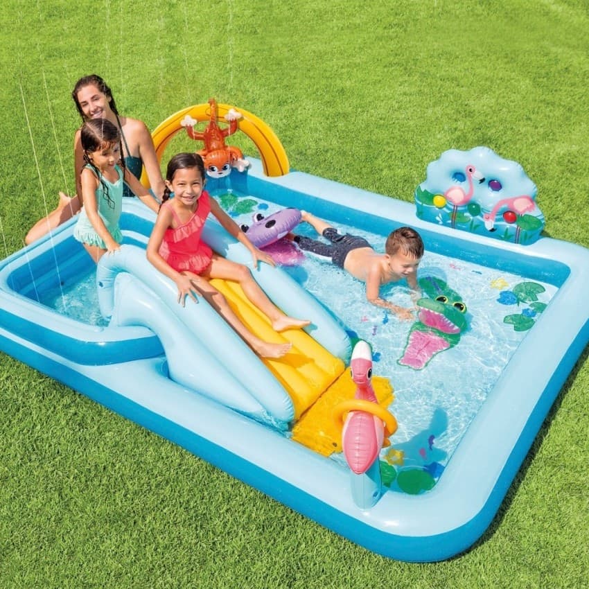 Centro Gioco Gonfiabile Jungle Adventure Intex, Piscina per Bambini con Scivolo, Palme, Fenicottero e Scimmia, Vinile Multicolore, Portata 80kg, 2+ Anni | Dimensioni 45.00 × 40.00 × 20.00 cm | EAN 0078257571611 - 2