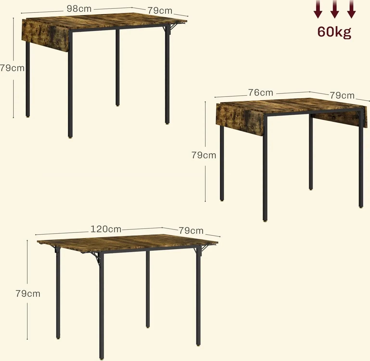 Tavolo da Pranzo a Ribalta 2-4 Persone Stile Industriale 120x79x79 cm Marrone Rustico | Dimensioni 130.00 × 85.00 × 15.00 cm - 3