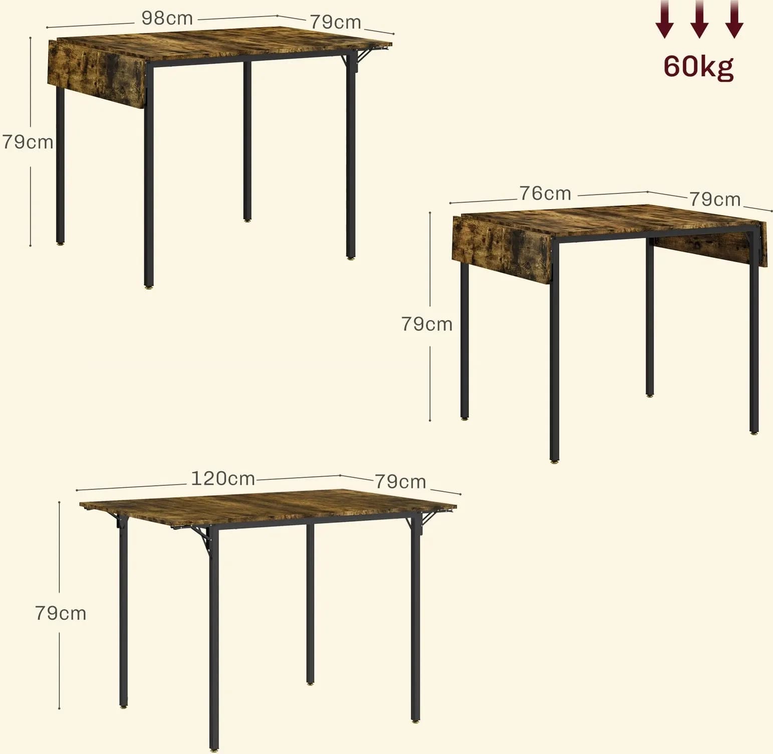 Tavolo da Pranzo a Ribalta 2-4 Persone Stile Industriale 120x79x79 cm Marrone Rustico | Dimensioni 130.00 × 85.00 × 15.00 cm - 3