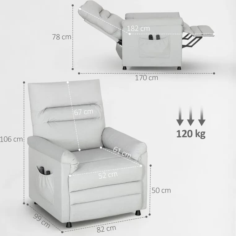 HOMCOM Poltrona Reclinabile con Poggiapiedi, Riscaldamento, 8 Punti Massaggio e 5 Modalità, Tessuto Vellutato, Grigio | Dimensioni 90.00 × 80.00 × 70.00 cm - 3