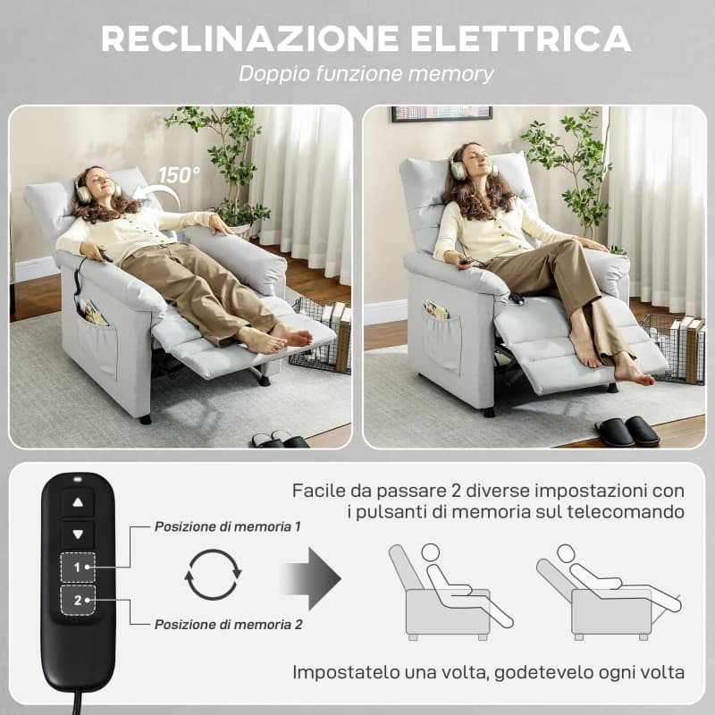 HOMCOM Poltrona Reclinabile con Poggiapiedi, Riscaldamento, 8 Punti Massaggio e 5 Modalità, Tessuto Vellutato, Grigio | Dimensioni 90.00 × 80.00 × 70.00 cm - 5