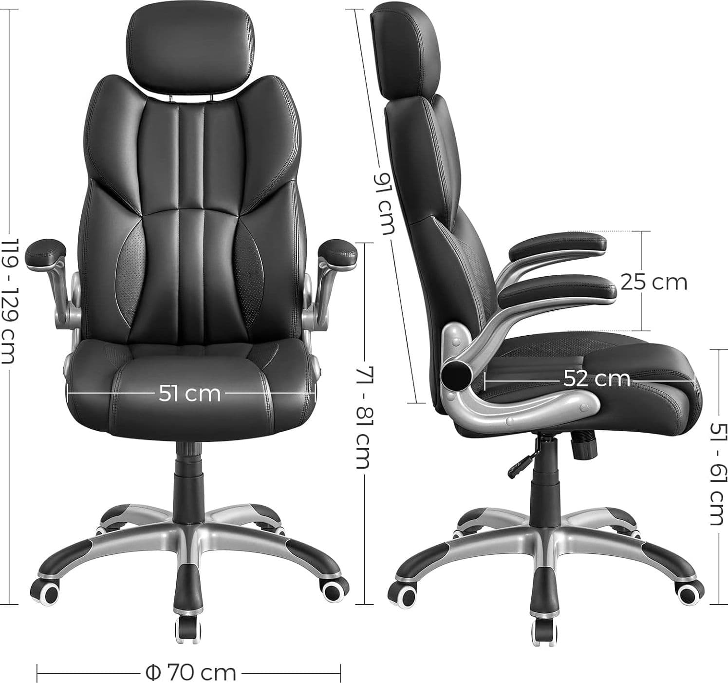Sedia da Ufficio, Poltrona Girevole Ergonomica, con Braccioli Pieghevoli, Base a Stella in Nylon, Carico Massimo 150 kg, Nero OBG65BK | Dimensioni 70.00 × 60.00 × 35.00 cm - 3