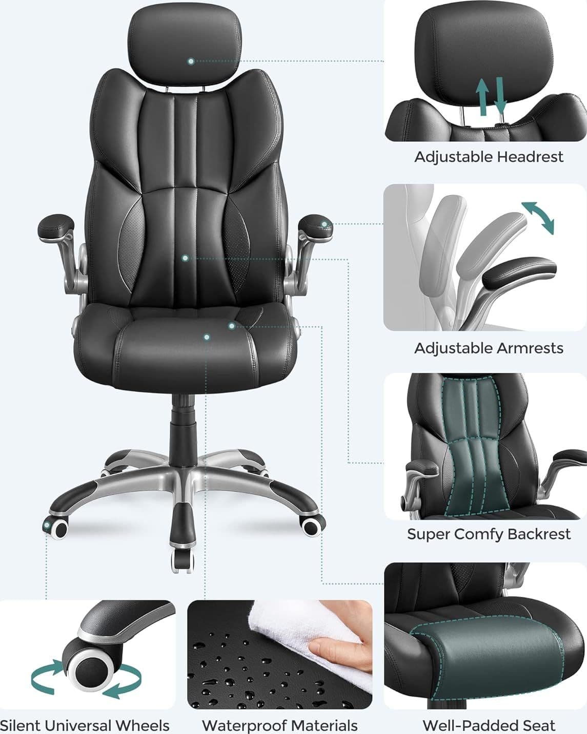 Sedia da Ufficio, Poltrona Girevole Ergonomica, con Braccioli Pieghevoli, Base a Stella in Nylon, Carico Massimo 150 kg, Nero OBG65BK | Dimensioni 70.00 × 60.00 × 35.00 cm - 4