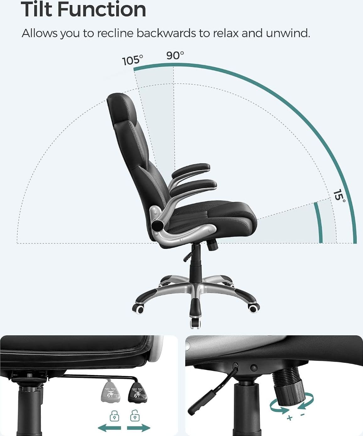 Sedia da Ufficio, Poltrona Girevole Ergonomica, con Braccioli Pieghevoli, Base a Stella in Nylon, Carico Massimo 150 kg, Nero OBG65BK | Dimensioni 70.00 × 60.00 × 35.00 cm - 5