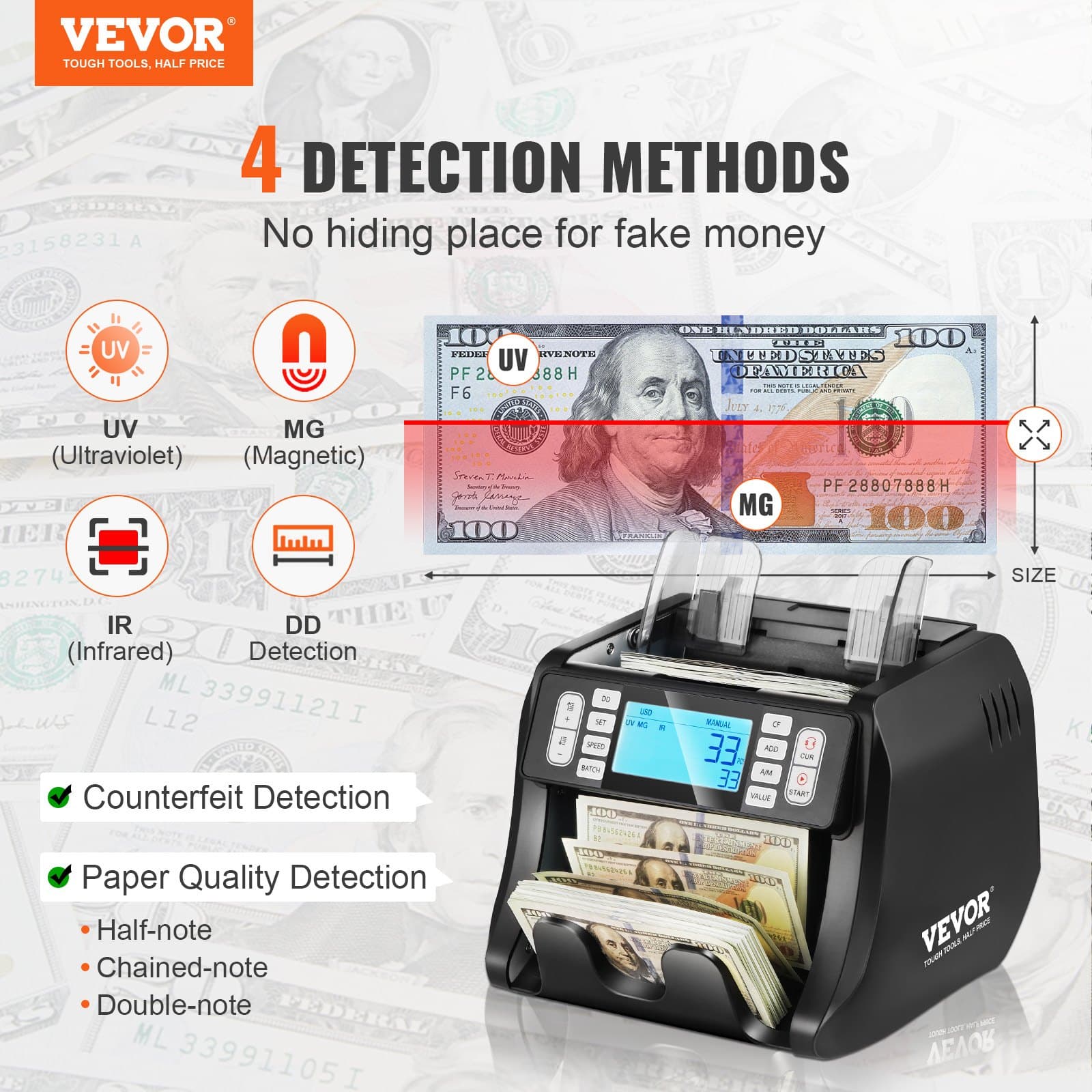 VEVOR Money Counter Machine, Bill Counter with UV, MG, IR and DD Counterfeit Detection, USD & EUR Cash Counting Machine with Add and Batch Modes, Large LCD & External Display | Dimensioni 24.20 × 25.90 × 25.00 cm - 2