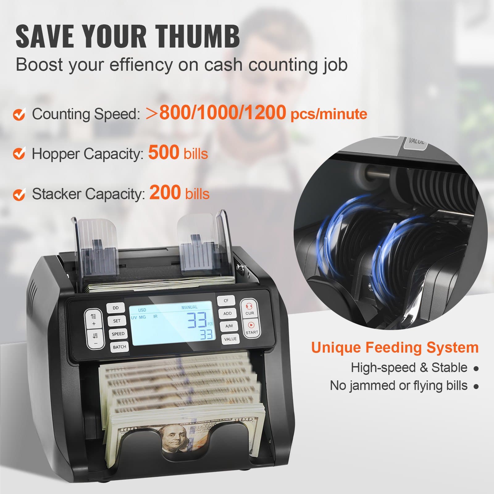 VEVOR Money Counter Machine, Bill Counter with UV, MG, IR and DD Counterfeit Detection, USD & EUR Cash Counting Machine with Add and Batch Modes, Large LCD & External Display | Dimensioni 24.20 × 25.90 × 25.00 cm - 4