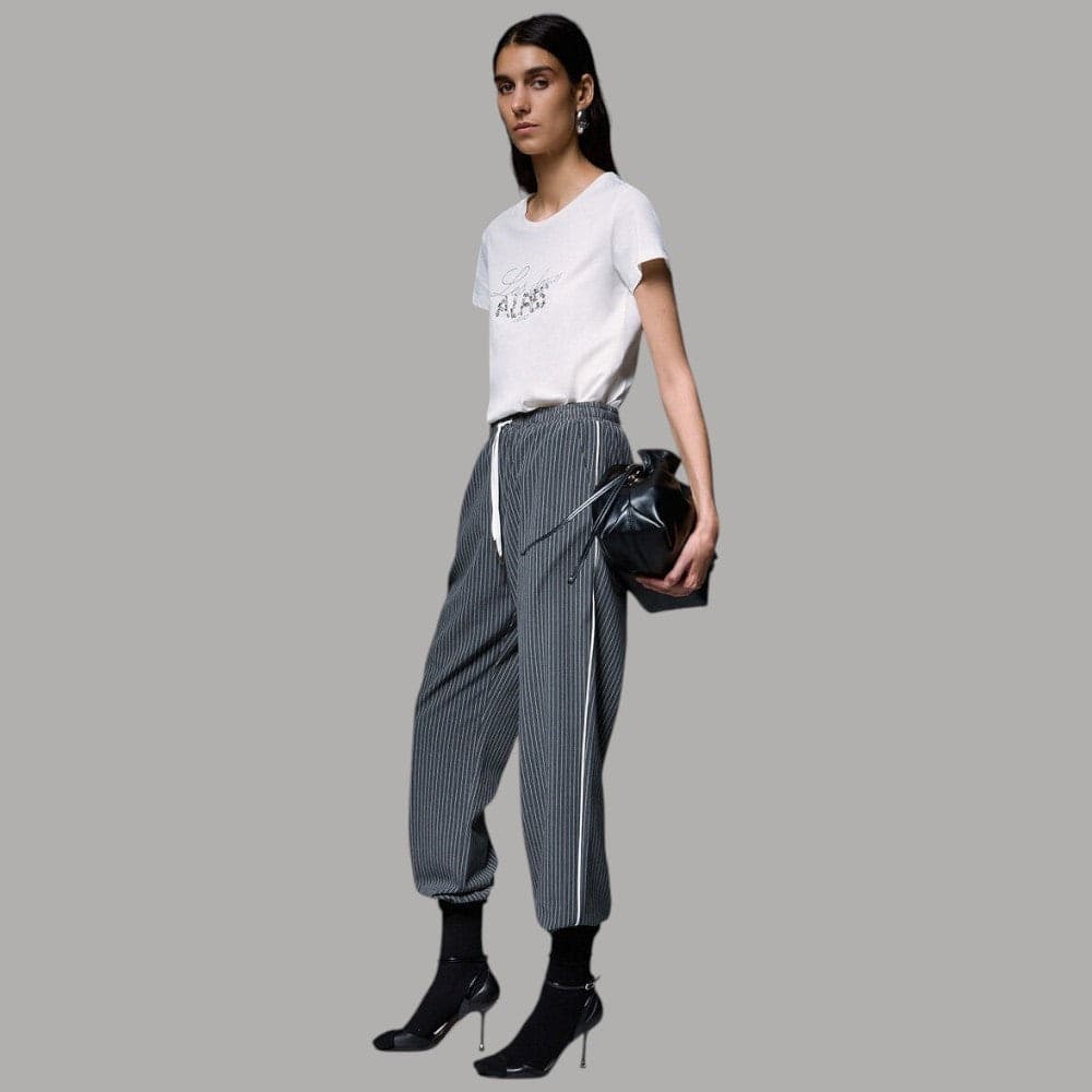 Pantaloni TF Gessati con Cintura Decorata in Pizzo e Coulisse - 4