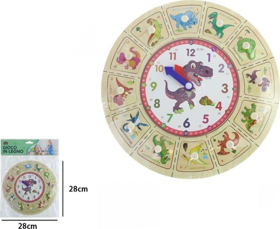 OROLOGIO PUZZLE LEGNO EDUCATIVO GIOCO CON TESSERE A INCASTRO A DINOSAURI CON POMELLI 53766 - 2