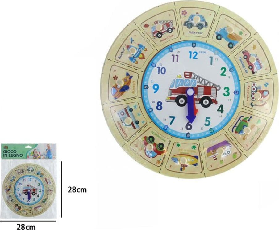 OROLOGIO PUZZLE IN LEGNO EDUCATIVO GIOCO CON TESSERE A INCASTRO VEICOLI CON POMELLI 53770 - 2