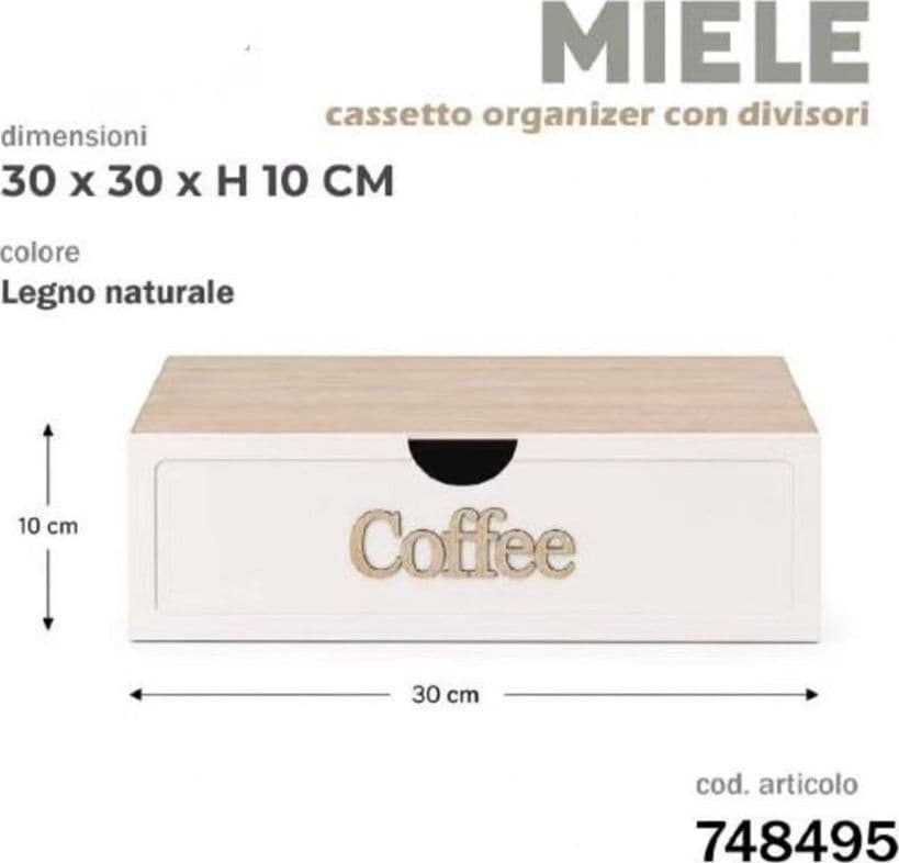 CASSETTO ORGANIZER PORTA CAPSULE CIALDE SCRITTA COFFEE LEGNO NATURALE CON DIVISORI 748495 - 2