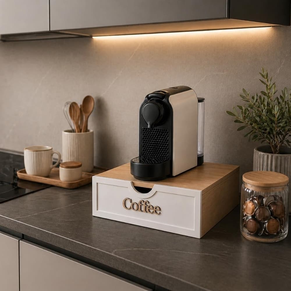 CASSETTO ORGANIZER PORTA CAPSULE CIALDE SCRITTA COFFEE LEGNO NATURALE CON DIVISORI 748495 - 5