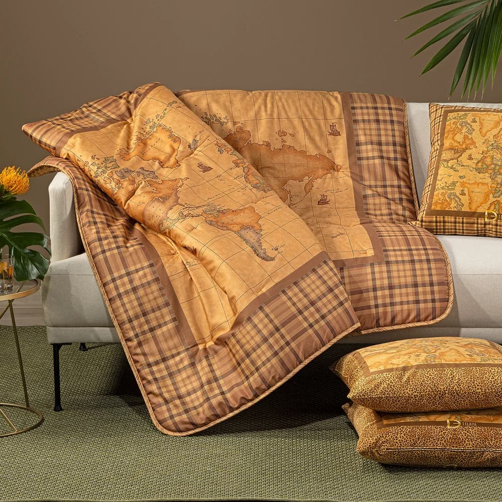 Plaid Geo Tartan 130x170 in Raso di Cotone Coperta Divano Beige Marrone