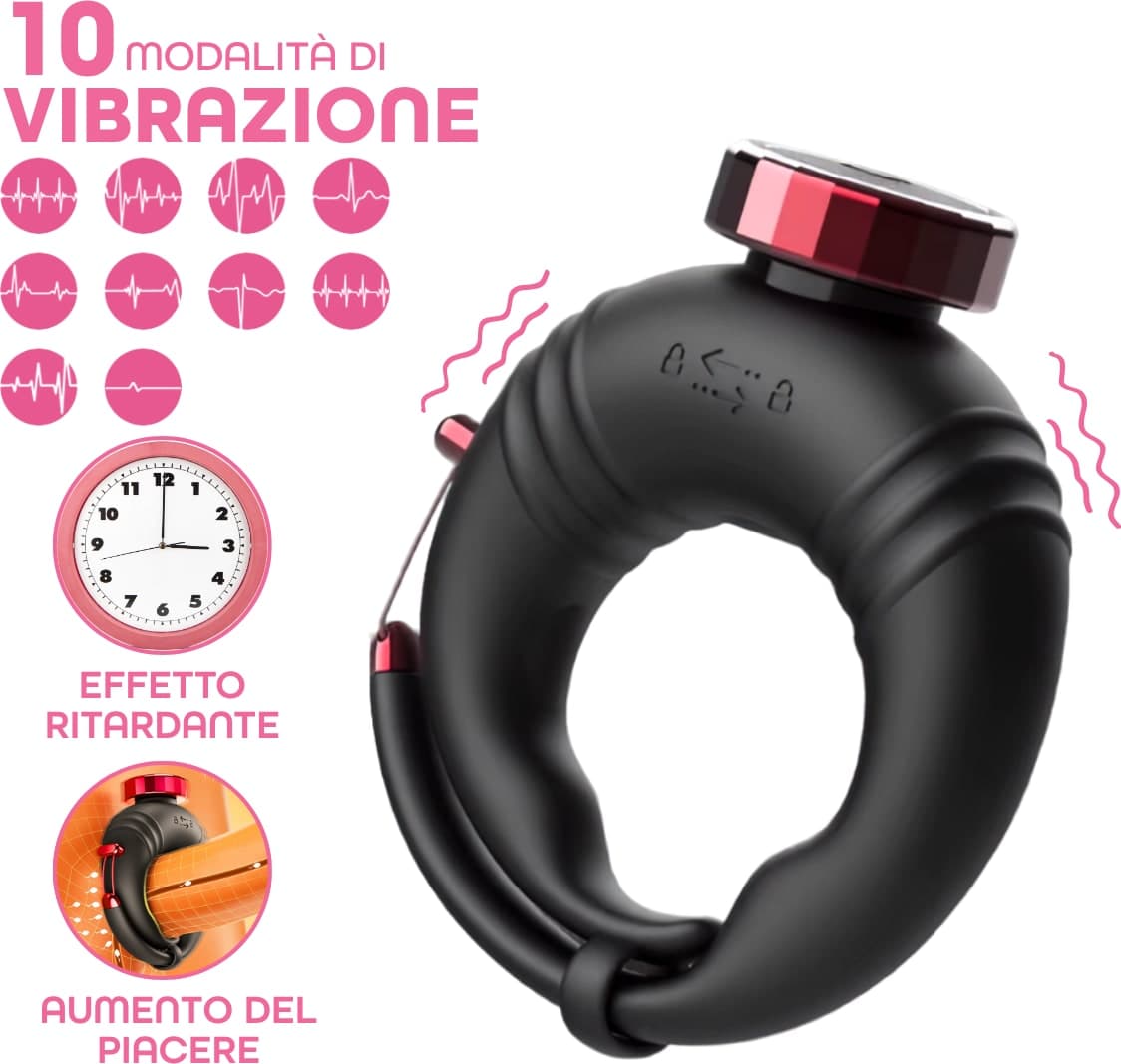 Anello per il Pene Vibrante Regolabile con Telecomando 10 Vibrazioni Sex Fallico - 3
