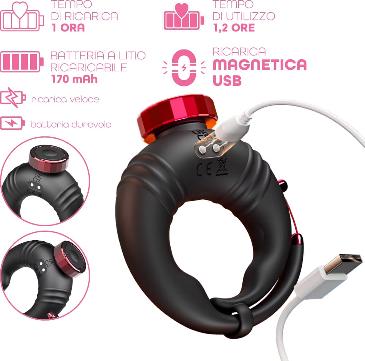 Anello per il Pene Vibrante Regolabile con Telecomando 10 Vibrazioni Sex Fallico - 6