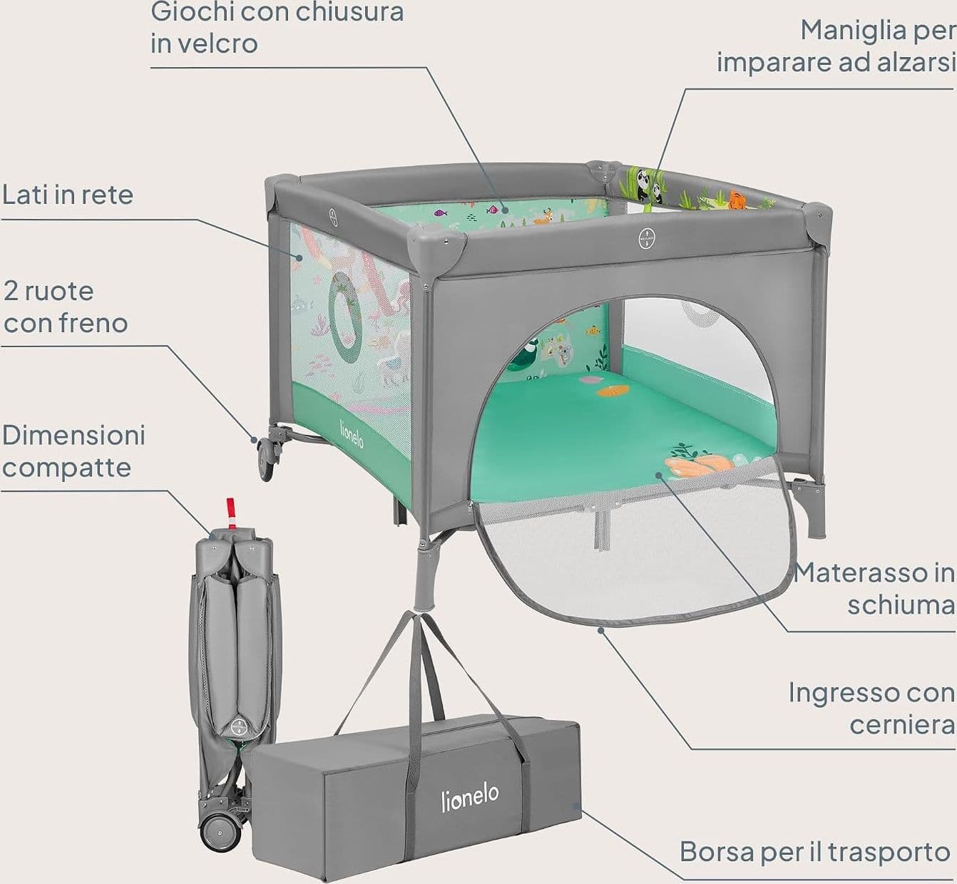 Lionelo - Box bambini pieghevole Lene 3in1 - 100x100cm - 17