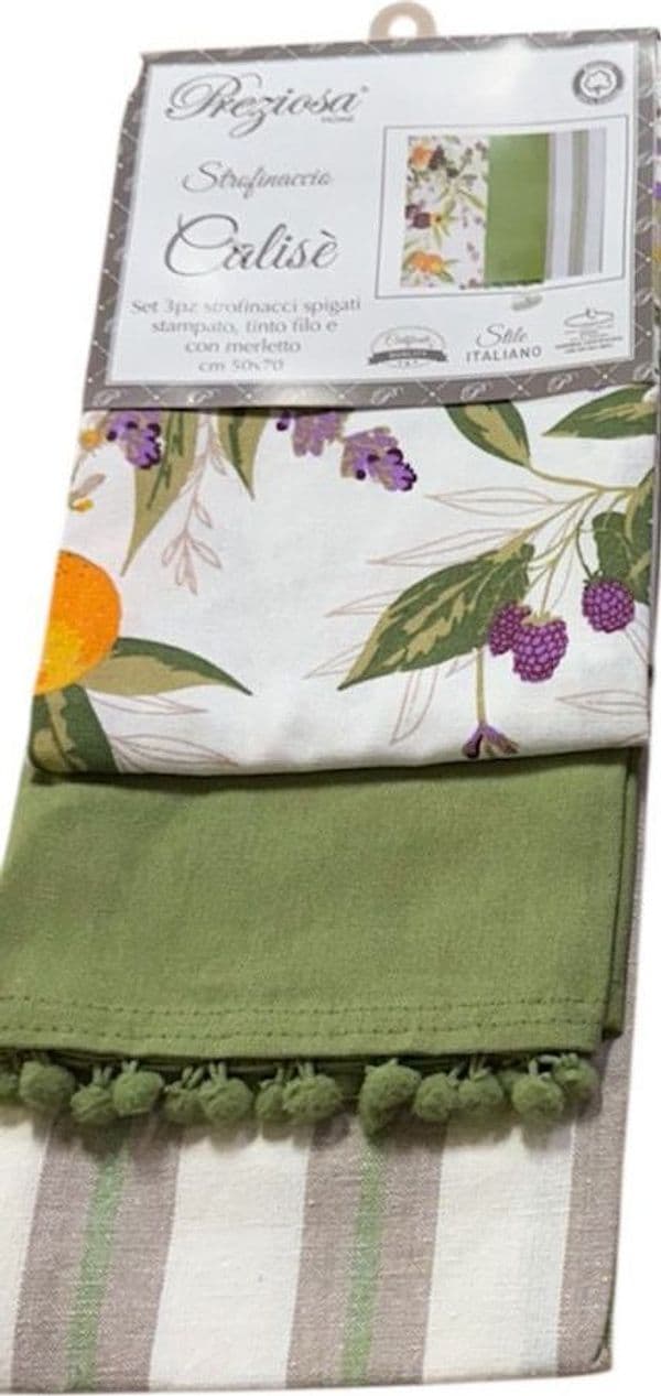 Set 3 Strofinacci Calisè Berry Preziosa Home – Spigati, Stampati e con Merletto 50x70 cm