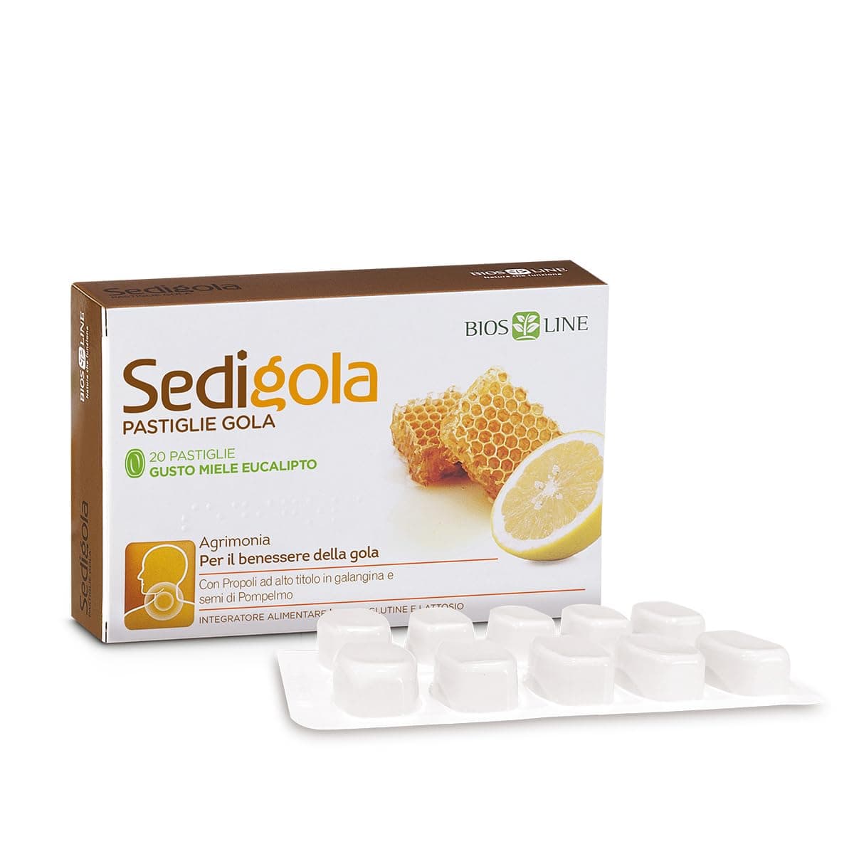 BIOS LINE Sedigola 20 Pastiglie Gusto Miele e Eucalipto, Integratore Alimentare per il Benessere della Gola, con Propoli ad Alto Titolo in Galangina e Semi di Pompelmo