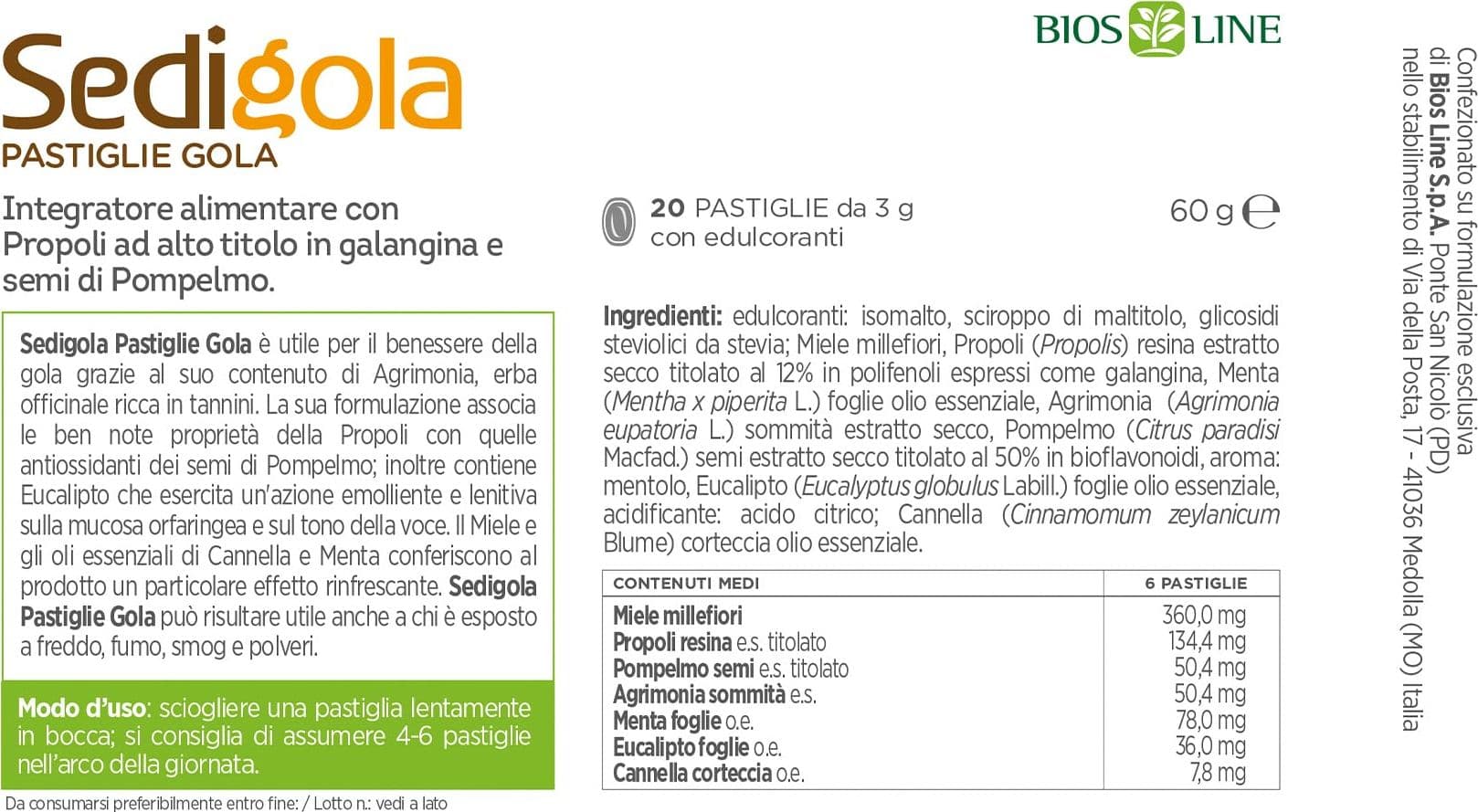 BIOS LINE Sedigola 20 Pastiglie Gusto Miele e Eucalipto, Integratore Alimentare per il Benessere della Gola, con Propoli ad Alto Titolo in Galangina e Semi di Pompelmo - 3
