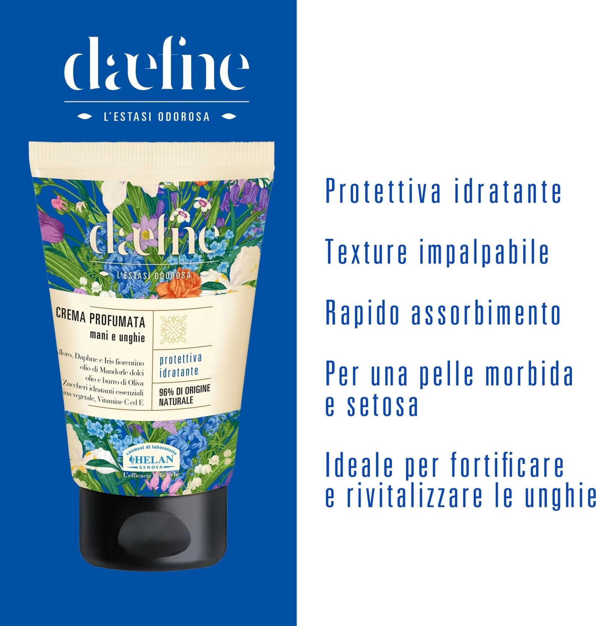 Helan Daefne - Crema Mani Secche e Screpolate con Vitamina C e E Rivitalizzante per Unghie con Cheratina Vegetale, Crema Idratante con Olio di Mandorle Dolci, 96% Origine Naturale, 50 ml Made in Italy - 2