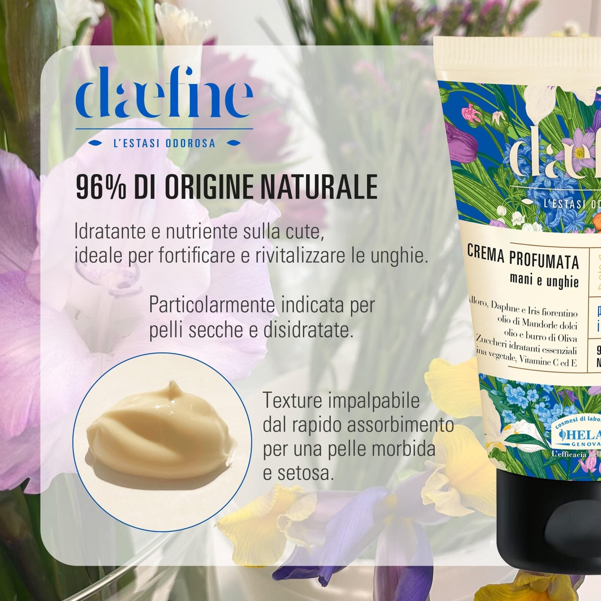 Helan Daefne - Crema Mani Secche e Screpolate con Vitamina C e E Rivitalizzante per Unghie con Cheratina Vegetale, Crema Idratante con Olio di Mandorle Dolci, 96% Origine Naturale, 50 ml Made in Italy - 3