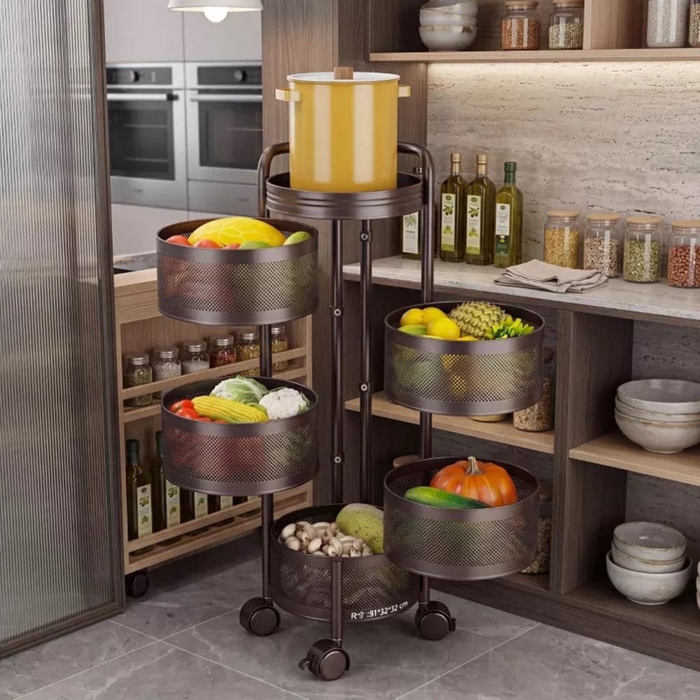 CARRELLO DA CUCINA CESTINO RIMOVIBILE PER FRUTTA VERDURA A 5 RIPIANI GIREVOLE CON RUOTE - 2