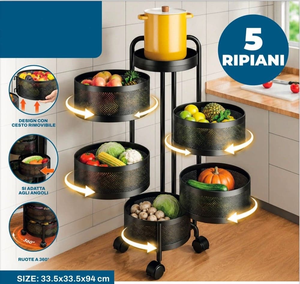 CARRELLO DA CUCINA CESTINO RIMOVIBILE PER FRUTTA VERDURA A 5 RIPIANI GIREVOLE CON RUOTE - 3