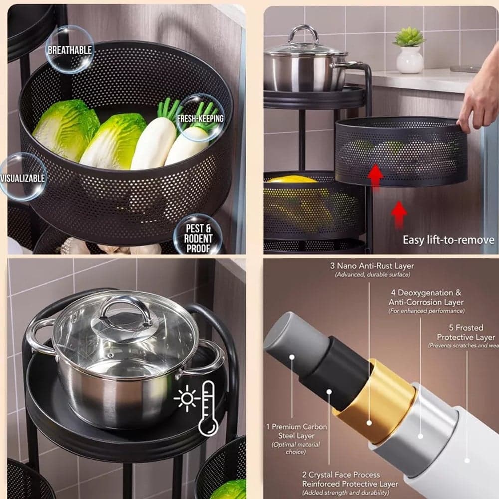 CARRELLO DA CUCINA CESTINO RIMOVIBILE PER FRUTTA VERDURA A 5 RIPIANI GIREVOLE CON RUOTE - 4
