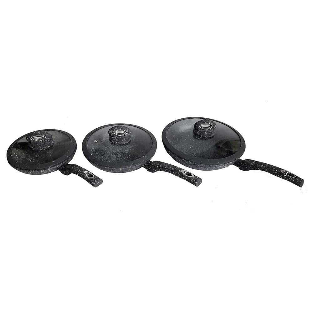 SET 6PZ TRIS PADELLE ANTIADERENTI EFFETTO PIETRA Ø20-24-28CM 3 COPERCHI SILICONE INDUZIONE