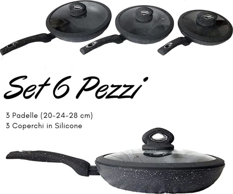 SET 6PZ TRIS PADELLE ANTIADERENTI EFFETTO PIETRA Ø20-24-28CM 3 COPERCHI SILICONE INDUZIONE - 2