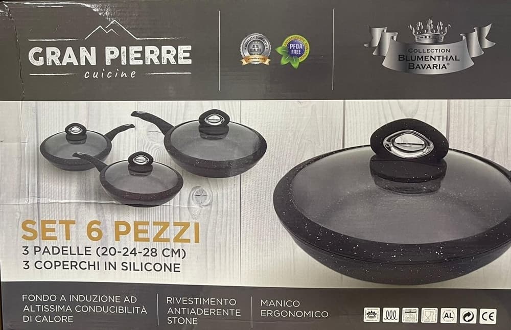 SET 6PZ TRIS PADELLE ANTIADERENTI EFFETTO PIETRA Ø20-24-28CM 3 COPERCHI SILICONE INDUZIONE - 3