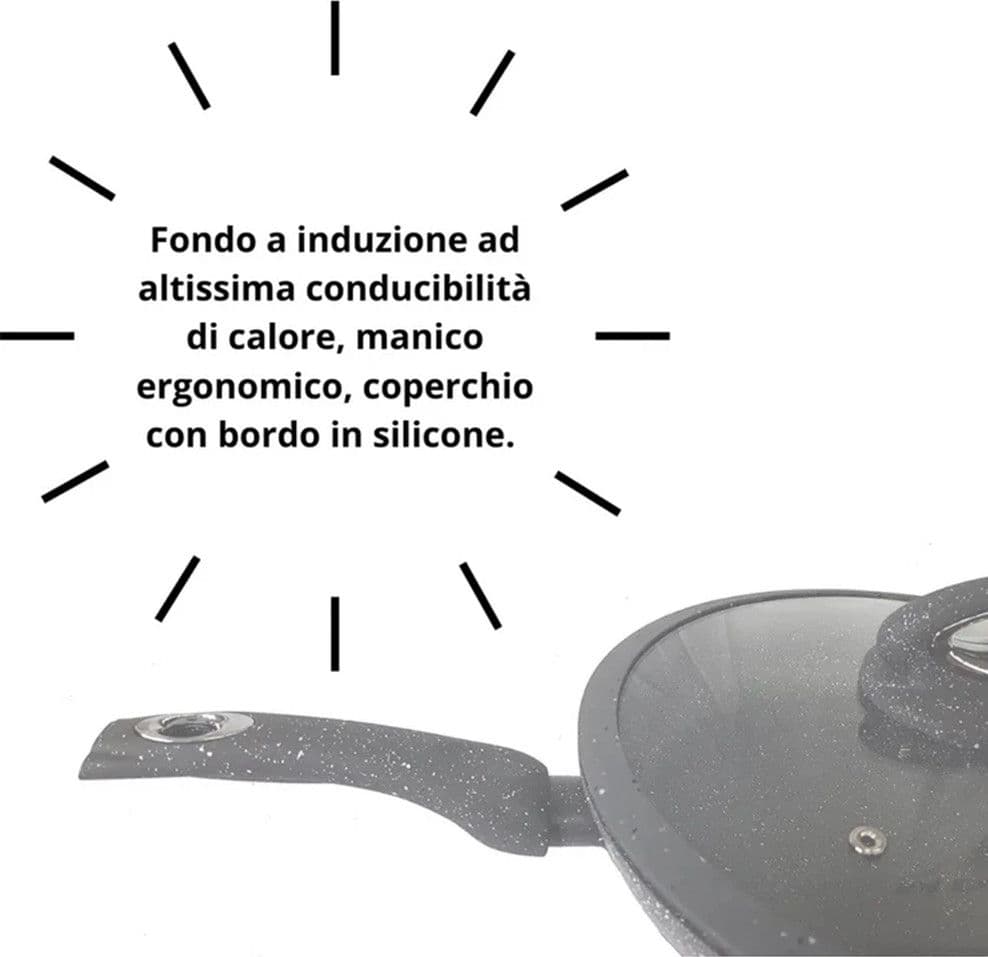 SET 6PZ TRIS PADELLE ANTIADERENTI EFFETTO PIETRA Ø20-24-28CM 3 COPERCHI SILICONE INDUZIONE - 7