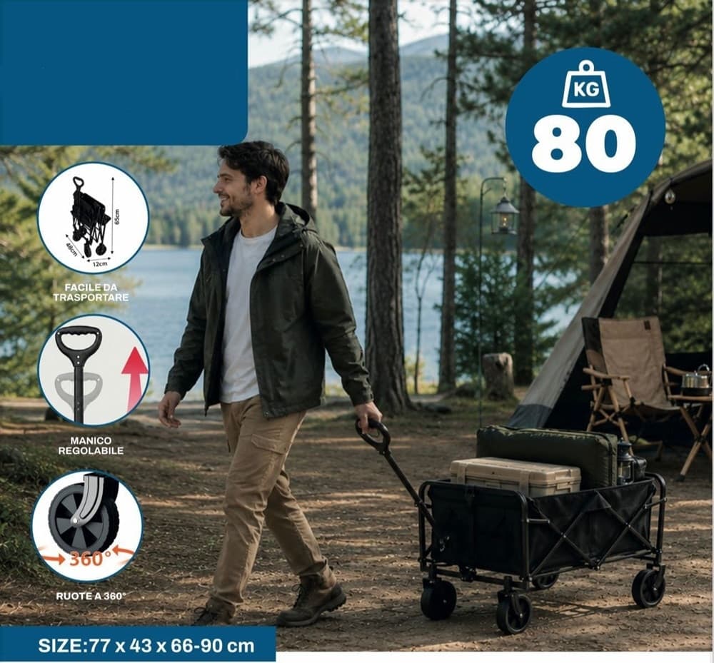 CARRELLO PIEGHEVOLE PORTATILE MULTIUSO PORTATA 80KG RUOTE CON BLOCCAGGIO MANICO RETRATTILE - 2
