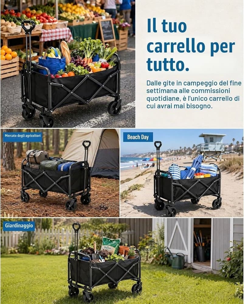 CARRELLO PIEGHEVOLE PORTATILE MULTIUSO PORTATA 80KG RUOTE CON BLOCCAGGIO MANICO RETRATTILE - 10