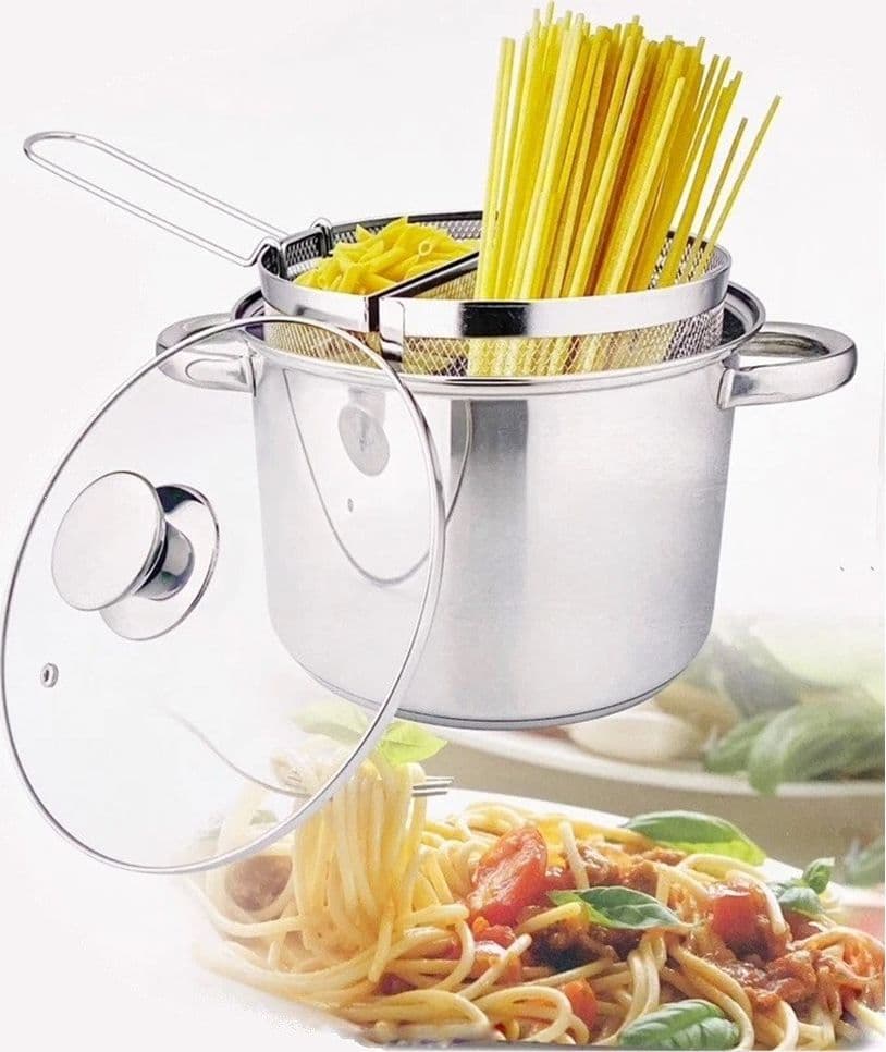 PENTOLA SPAGHETTIERA PASTAIOLA DOPPIO CESTELLO 6LT IN ACCIAIO INOX TRIPLO FONDO COLAPASTA