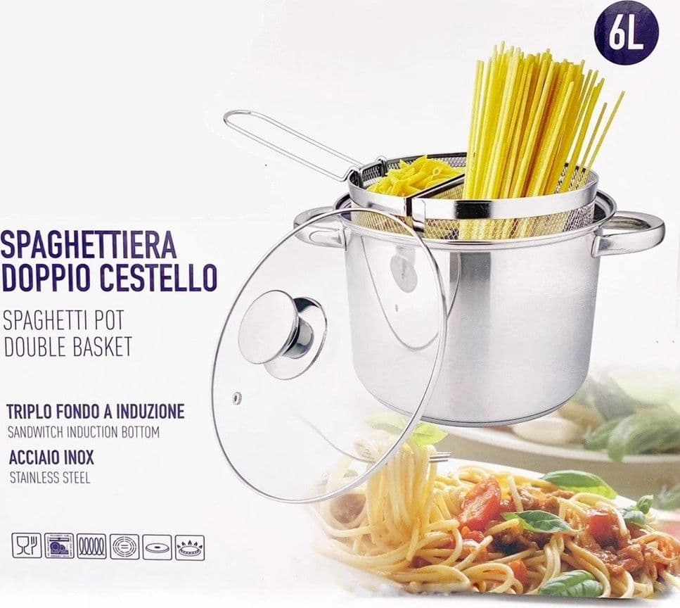PENTOLA SPAGHETTIERA PASTAIOLA DOPPIO CESTELLO 6LT IN ACCIAIO INOX TRIPLO FONDO COLAPASTA - 2