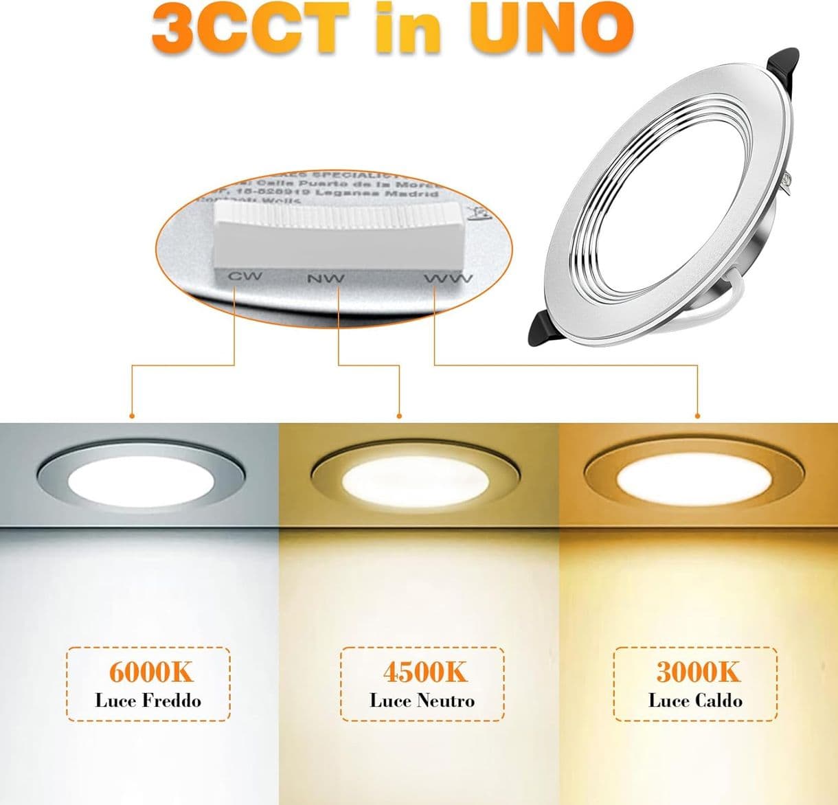 6 Faretti LED da Incasso per Cartongesso Dimmerabile 7W 700LM Ultrasottili per Interni 3000K 4500K 6000K Regolabile IP44 Soffitto Foro Ø75-95mm - 2