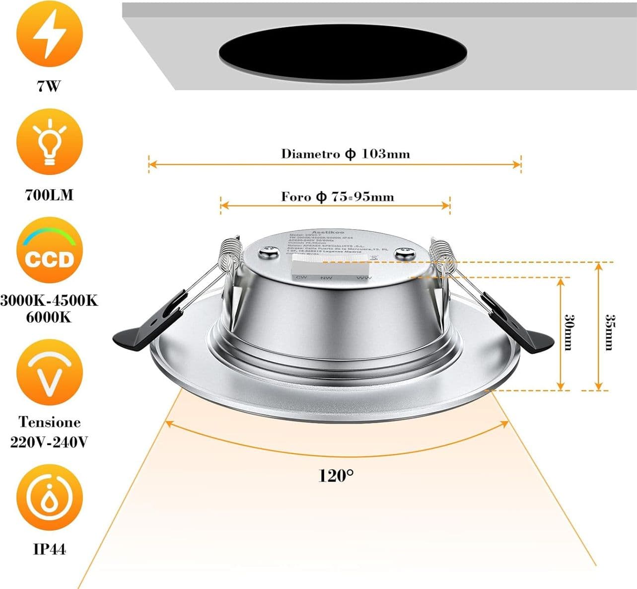 6 Faretti LED da Incasso per Cartongesso Dimmerabile 7W 700LM Ultrasottili per Interni 3000K 4500K 6000K Regolabile IP44 Soffitto Foro Ø75-95mm - 3