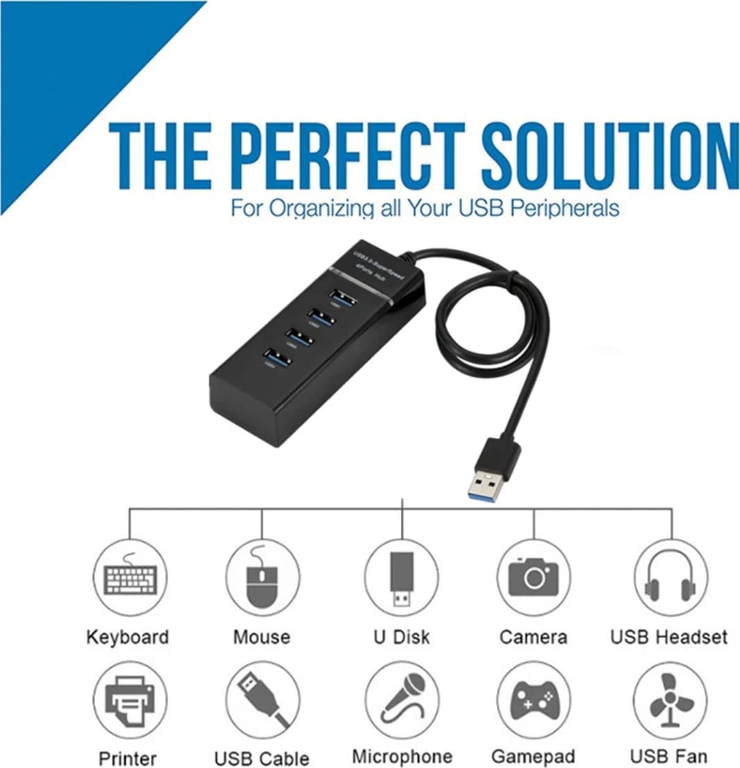 Adattatore USB HUB 3.0 a 4 Porte Espansore Splitter Multi USB con Adattatore di Alimentazione LED per PC 30cm - 3