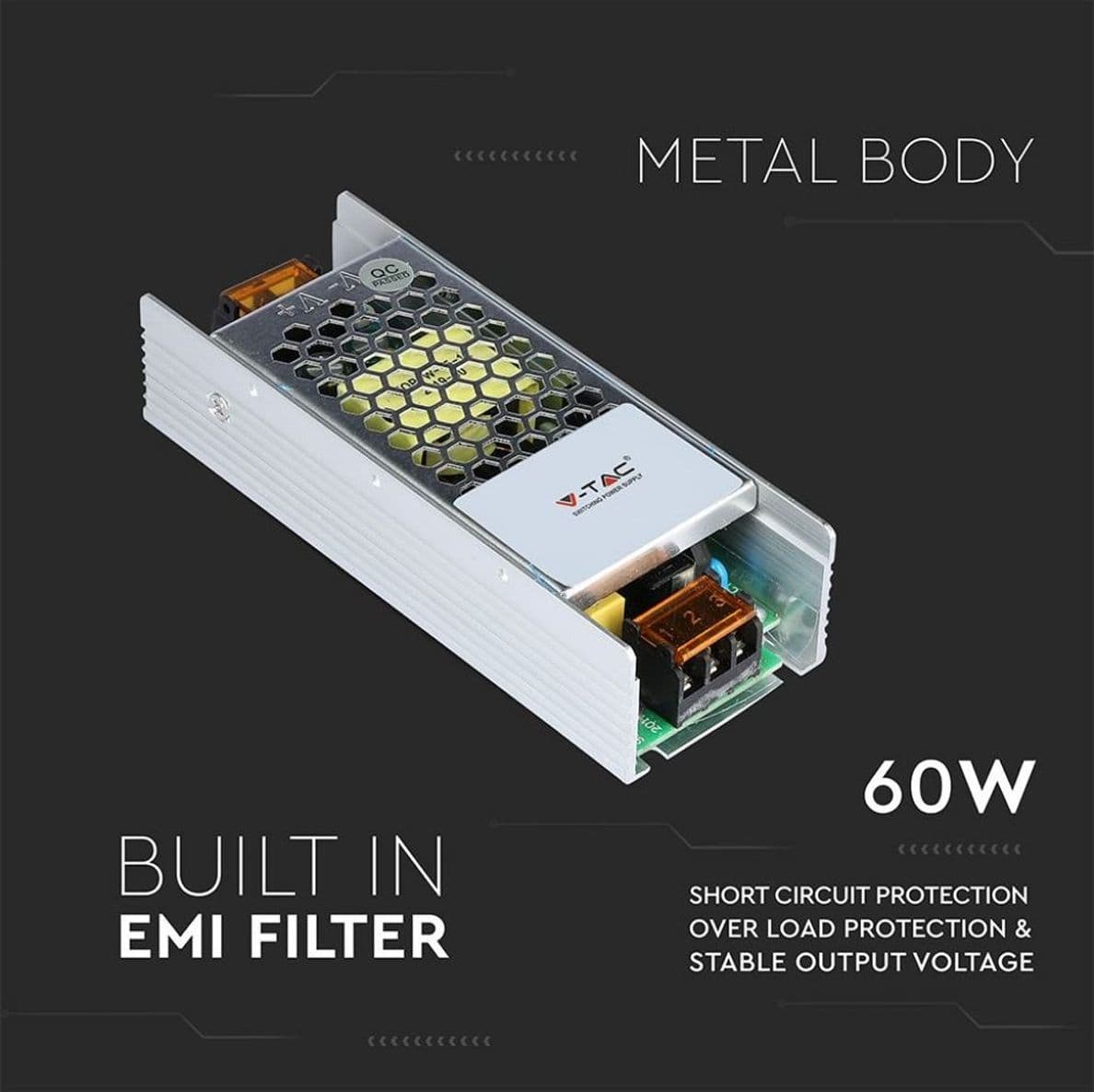 Alimentatore VT-24061 60W 24V 2.5A con 1 Uscita 130x50x31mm IP20 Slim in Metallo per Strip Strisce LED - 3