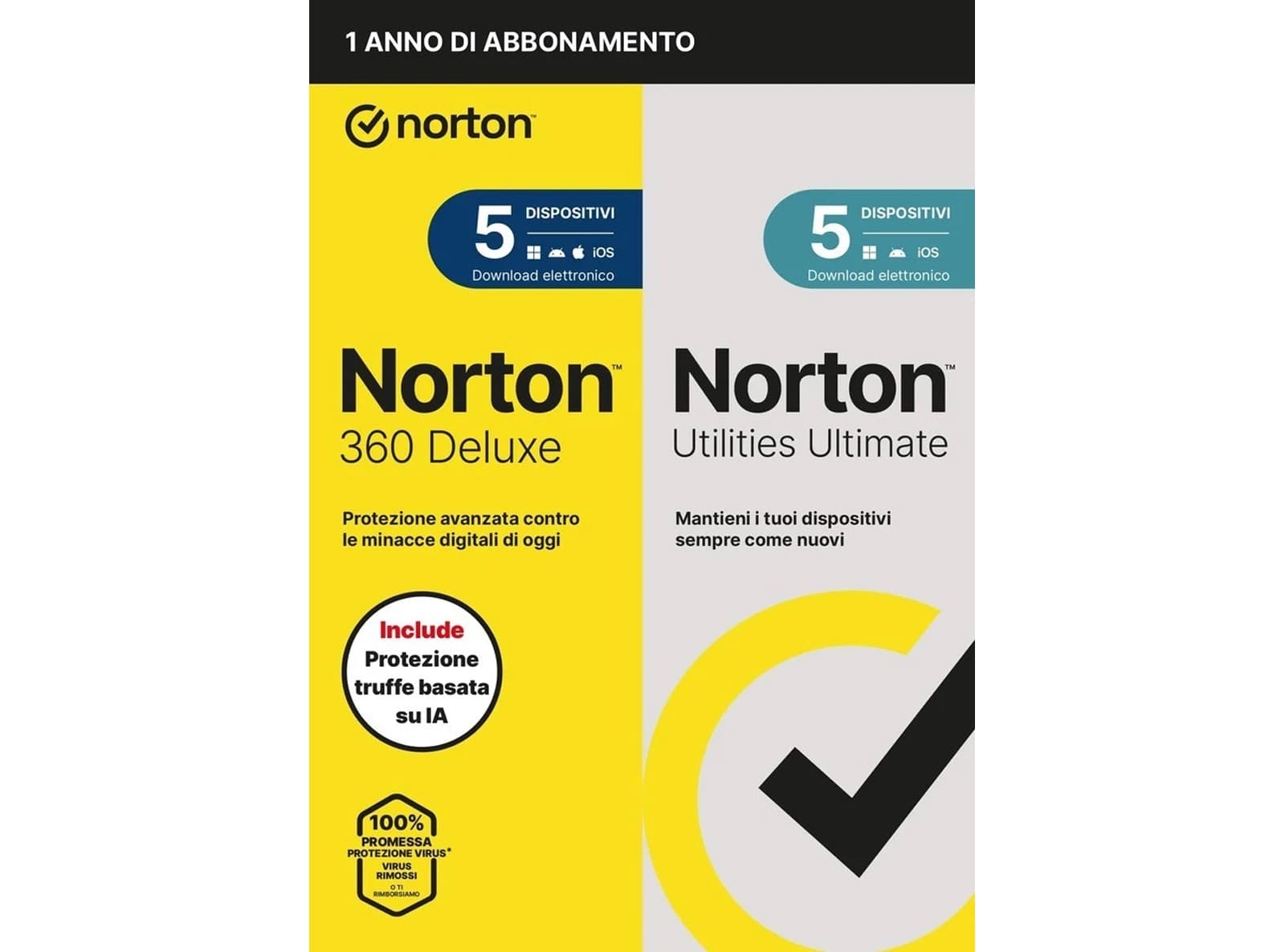 Antivirus Norton 360 Deluxe 2026 con Utilities Ultimate - 5 Dispositivi 12 Mesi - 50GB Cloud PC Mac Android - 2