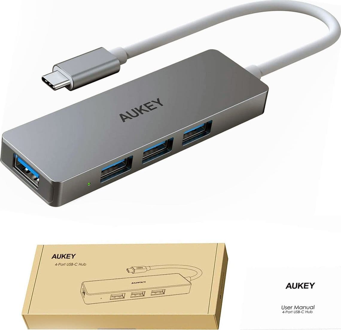 AUKEY Hub USB C in Alluminio 4 Porte USB 3.0 Adattatore USB C Super Sottile per MacBook PRO Google Chromebook Pixel, Samsung Note S A Ultra e Molti Altri Dispositivi Compatibili